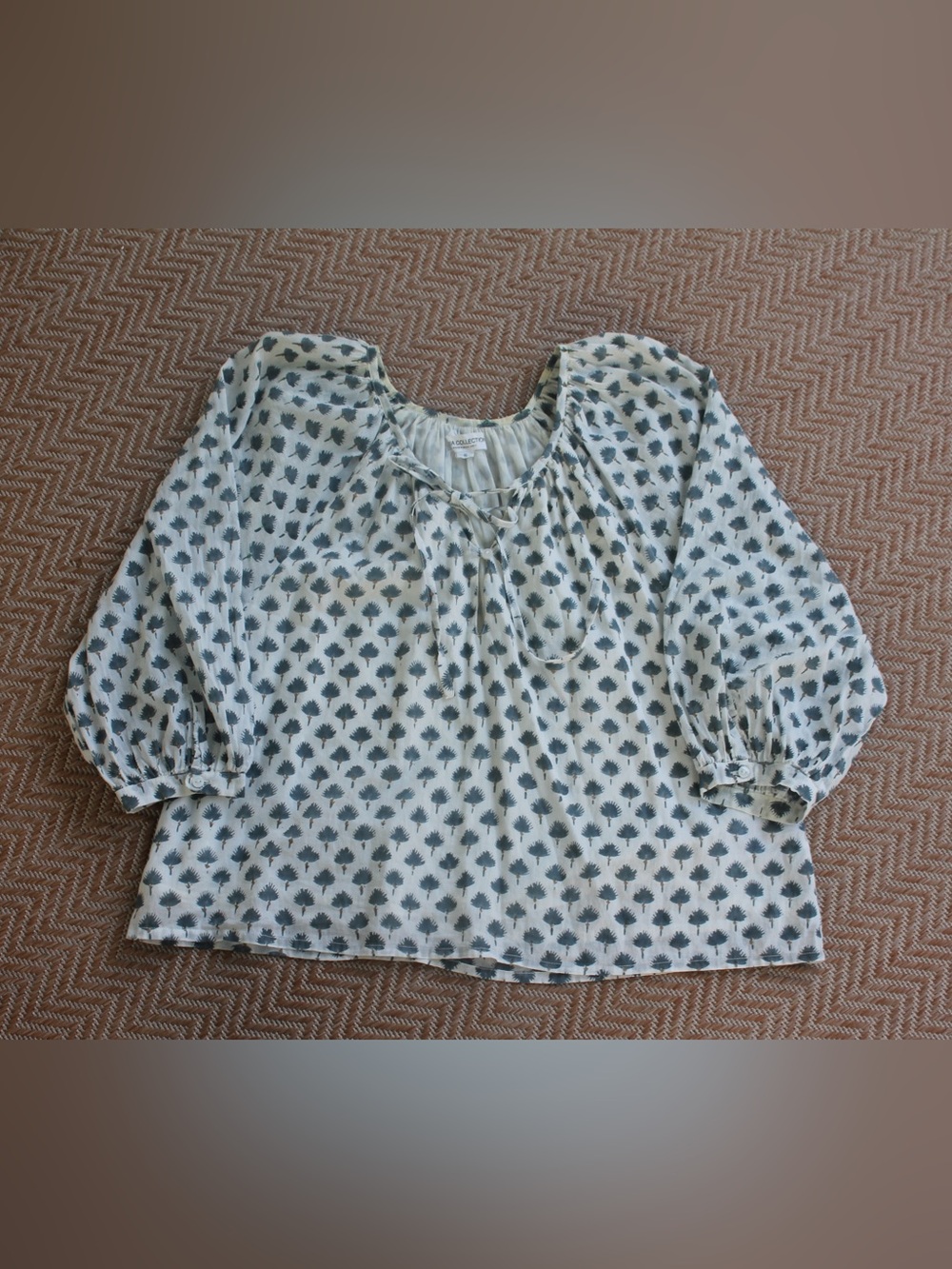 Emerson Fry Ivory Peasant Blouse with Slate Floral Motif